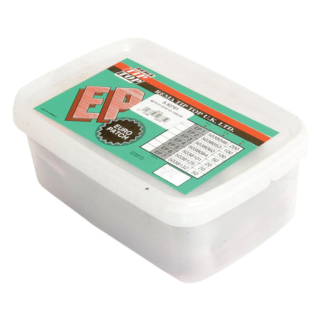 A rectangular plastic container with a green and red label displays the product name "Repair Patch - Euro No.1, Ø35mm (200 pcs.) - S.52781" by Sparex, making it ideal for motorcycle patch needs and tractor tube repair.