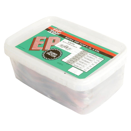 A clear plastic container with a green label on top, labeled "Repair Patch - Euro No.2, Ø45mm (100 pcs.) - S.52782," containing tire repair patches for motorcycle tube repair by Sparex.