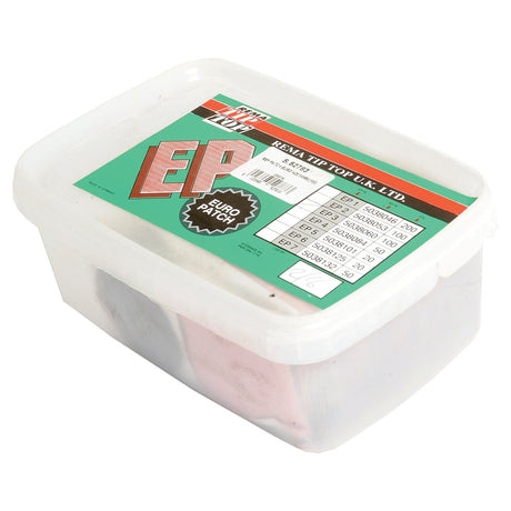 A clear plastic container with a green and white label on top, containing various sizes of bicycle tire patches, marked "Repair Patch - Euro No.3, Ø54mm (100 pcs.) - S.52783," from Sparex. Ideal for cycle tubes.