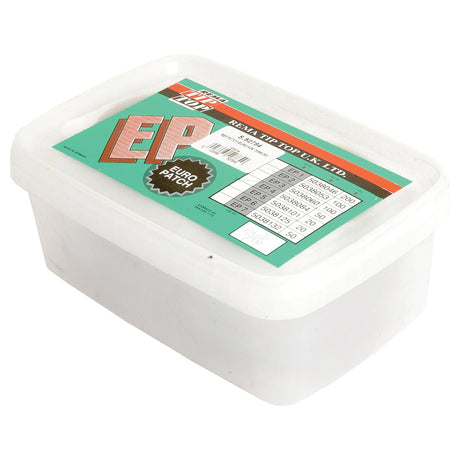 A plastic container featuring a green and white label that showcases product codes and pricing. The label, titled "Repair Patch - Euro No.4, Ø75mm (50 pcs.) - S.52784," from the brand Sparex is ideal for repairing motorcycle tubes. The container is securely sealed with a white lid.