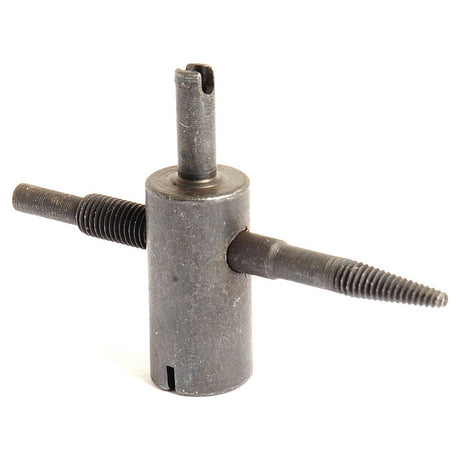 The Valve Repair Tool (Black) - S.52791 by Sparex is a metal circular device with two perpendicular threaded rods and one central screw-like projection, similar to a core removal tool.