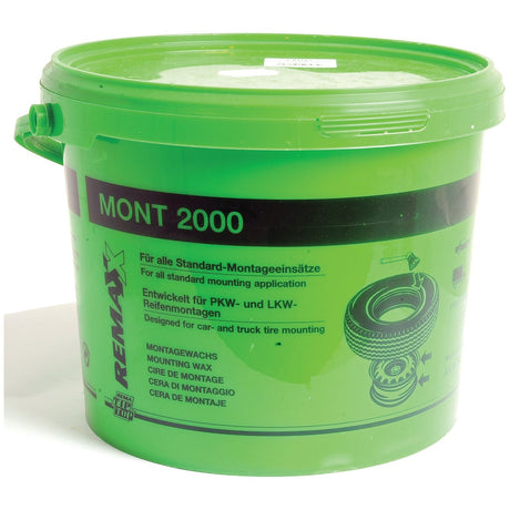 A green bucket labeled "Sparex S.52793" contains 5kg of Tyre Mounting Paste for car and truck tires. Instructions and product details, highlighting its excellent lubrication properties, are printed in multiple languages on the front.