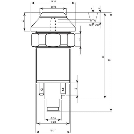 Technical drawing of the Rear Side Light Switch, Sparex Part No. S.52801, illustrating a cylindrical button component with dimensions in millimeters. The diagram includes side and front views, detailing height, width, and switch positions (ON/OFF). It also specifies the integration of a Push Push Switch compatible with a 12V Bulb.