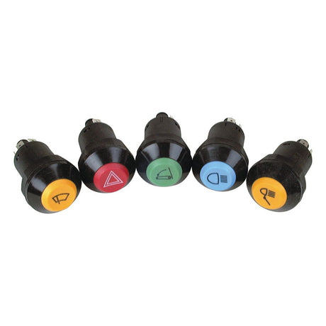 Five black cylindrical car switches, each featuring different colored buttons and symbols: yellow (windshield wiper), red (hazard lights), green (defrost), blue (headlights), and orange (Rear Side Light Switch | Sparex Part No.S.52801). These Push Push Switches from Sparex provide easy control for various functions, ensuring safe driving.