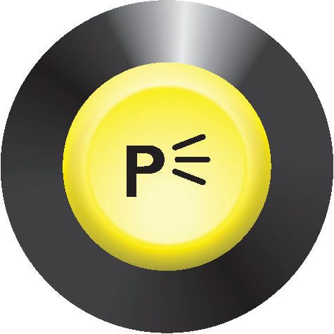 Round yellow button with the letter "P" and two sound waves on a black circular background, indicating the Parking Light Switch feature. This part is known as Sparex Part No. S.52803 from the brand Sparex.