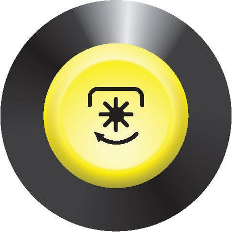 A yellow button with a black symbol in the center, depicting an asterisk and a curved arrow below, labeled as "PTO Switch | Sparex Part No. S.52804" by the brand Sparex. The button is placed on a dark circular background.