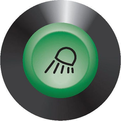 A round, green push-push switch type button with a black showerhead icon in the center, set against a metallic background is available as the Front Side Light Switch (Sparex Part No. S.52807) from Sparex.