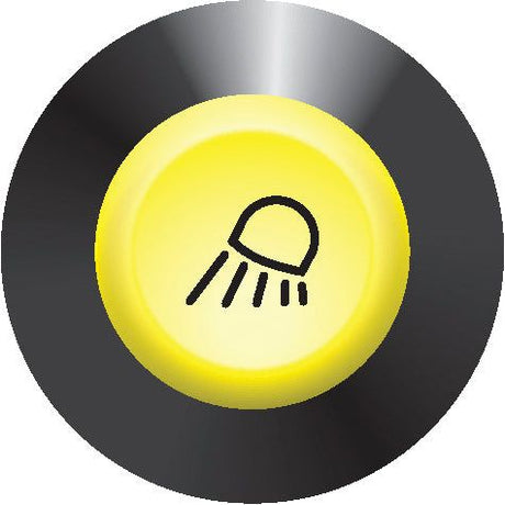 A round, push-type Sparex Front Side Light Switch (Part No. S.52812) features a yellow center displaying an icon of a showerhead with water droplets, set against a metallic grey background.