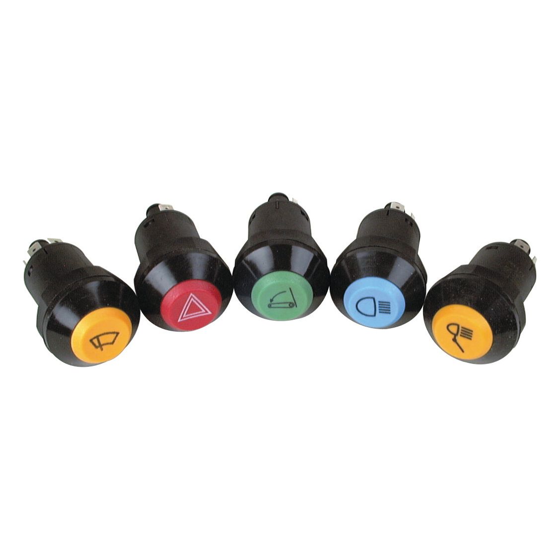 Five black automotive rocker switches with colored buttons, each displaying a different symbol for various car functions, including the Hoisting Up Switch (Sparex Part No. S.52832). These switches are compatible with Sparex and Case IH / International Harvester models.