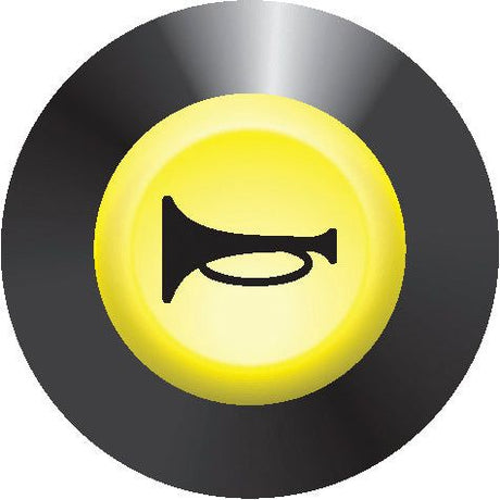 The Horn Switch (Sparex Part No. S.52837) from Sparex features a stylish design of a black circle with a yellow inner circle, showcasing the black silhouette of a trumpet.