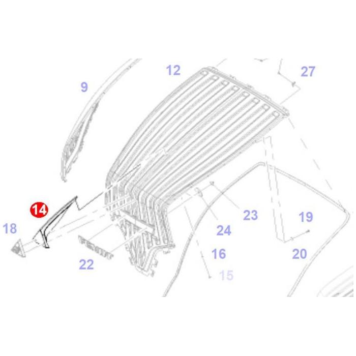 Technical diagram of a vehicle component assembly for Fendt Vario Models 512-724, labeled with numbers 9, 12, 14, 15, 16, 18, 19, 20, 23, 24, 25, and 27. Label number "14," corresponding to the Fendt - Retainer - (part number: AGCO -737500021450), is highlighted in red.