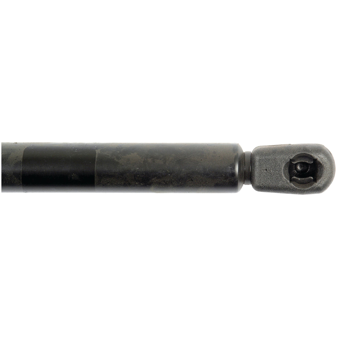 Close-up of the Sparex Gas Strut, Total Length: 525mm - S.52877, featuring its black metal cylindrical body and a mounting bracket at the end, highlighting its precise cylinder OD.