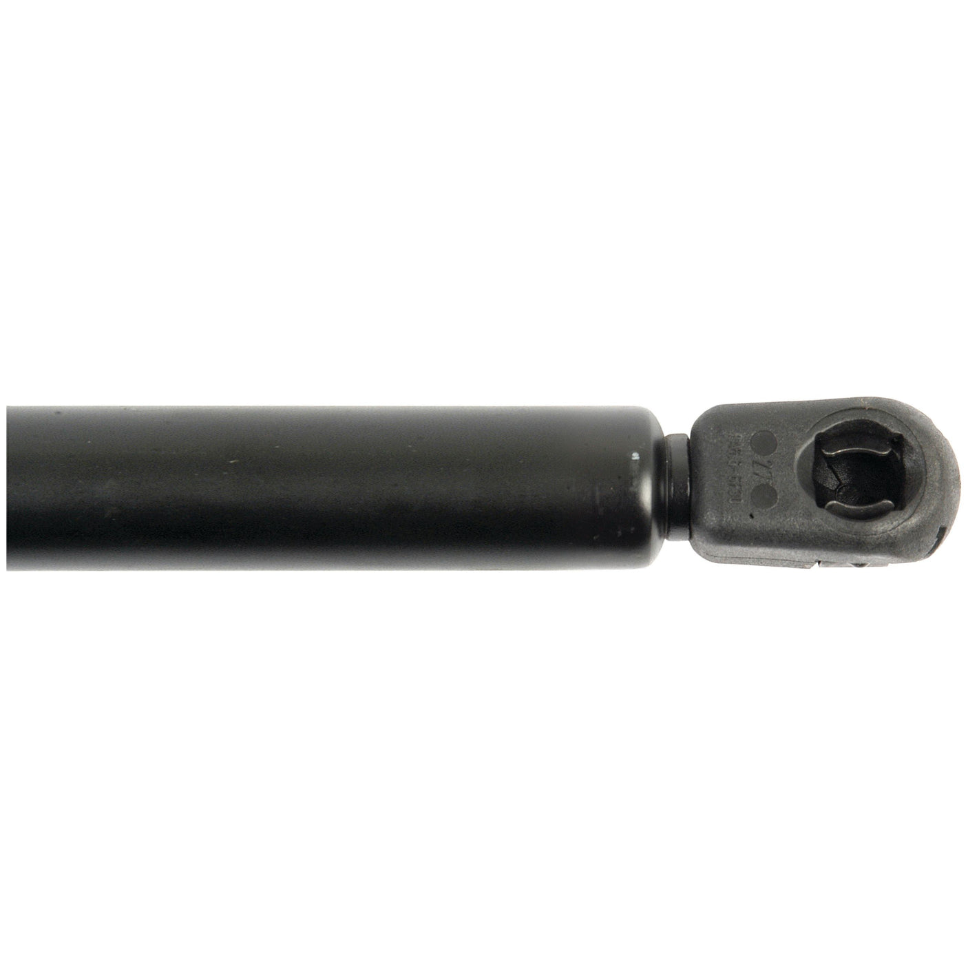 Close-up of the end of a Sparex Gas Strut, total length 585mm (S.52880), featuring a black cylindrical rod with an attached mounting bracket and a ball socket for secure connection.