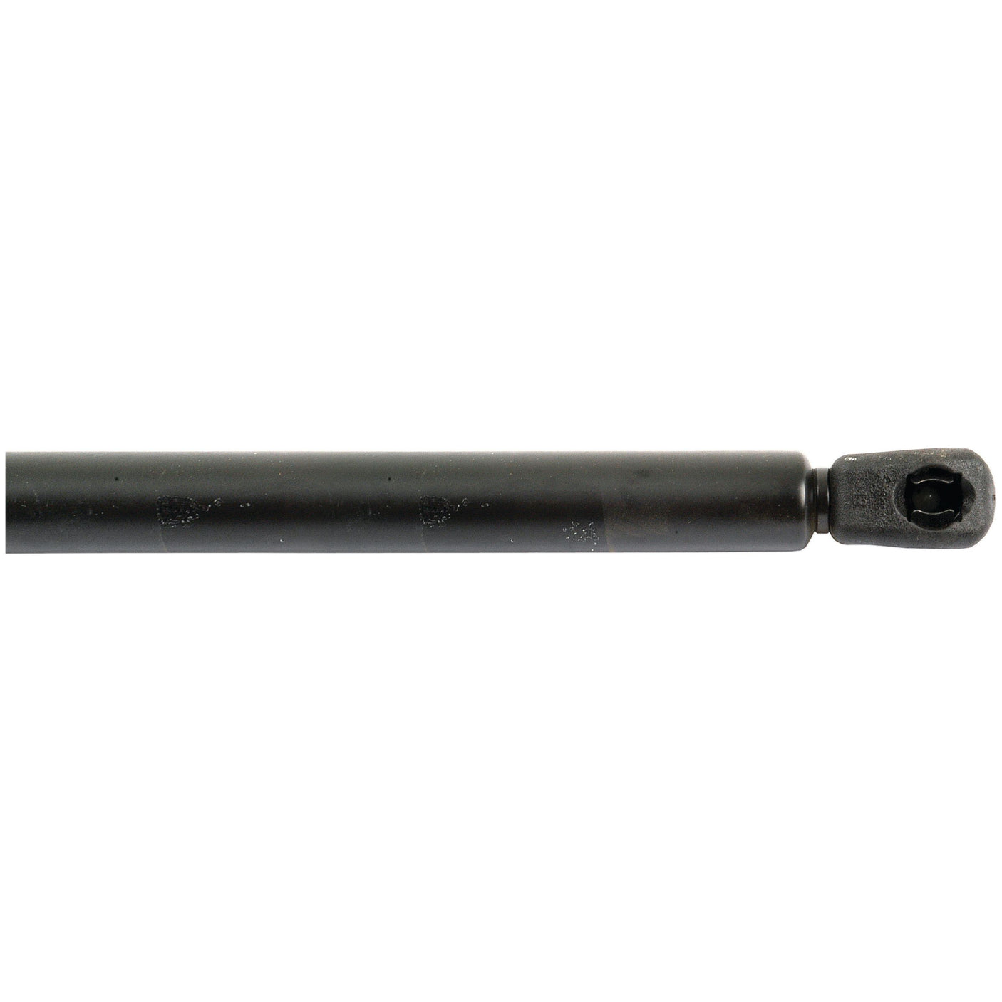 Close-up of a black piston rod with a metal cylindrical body and a small attachment point on the end, featuring a Sparex Gas Strut (S.52884) with a total length of 500mm against a white background.