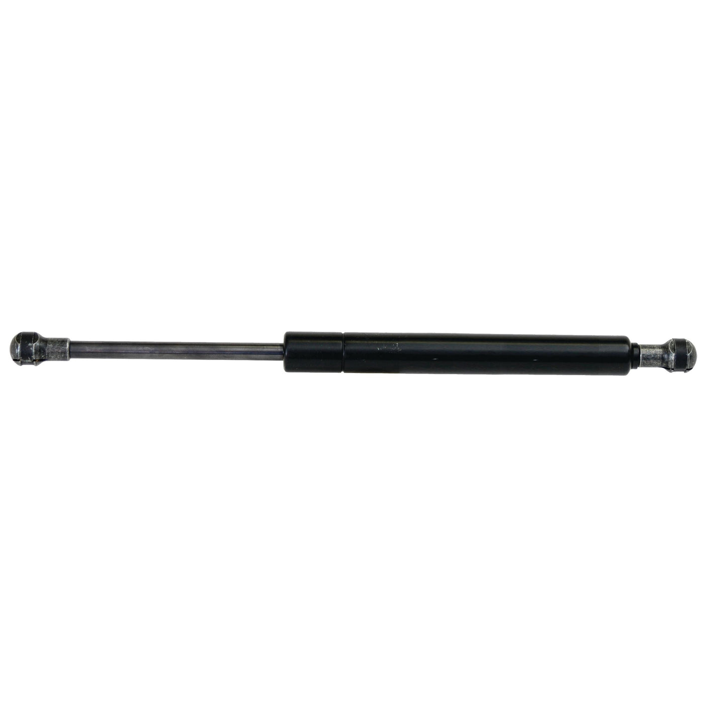 Image of the Sparex Gas Strut, Total Length 280mm - S.52934, a black pneumatic gas spring with metallic end fittings on both sides. It is designed to provide controlled force in various mechanical applications. The ball socket connections ensure stability, while the ram stroke allows for precise adjustments under consistent pressure.