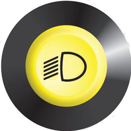 The Yellow button, featuring the high beam headlight symbol, is utilized to control the high beam headlights in a vehicle. This button, identified as the Front Worklight Switch with Sparex Part No. S.52951, can be used for Deutz-Fahr tractors or similar models from Sparex parts and is set against a dark circular background.