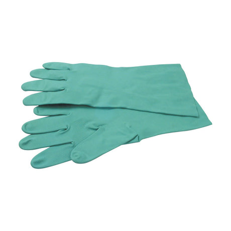 A pair of Nitrile Green Gloves - 9/L - S.52971 by Sparex, known for their abrasion resistance, laid flat with one glove slightly overlapping the other.