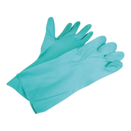 A pair of Sparex Nitrile Green Gloves - 10/XL (S.52972), designed for chemical resistance and hand protection, lying flat against a plain background.