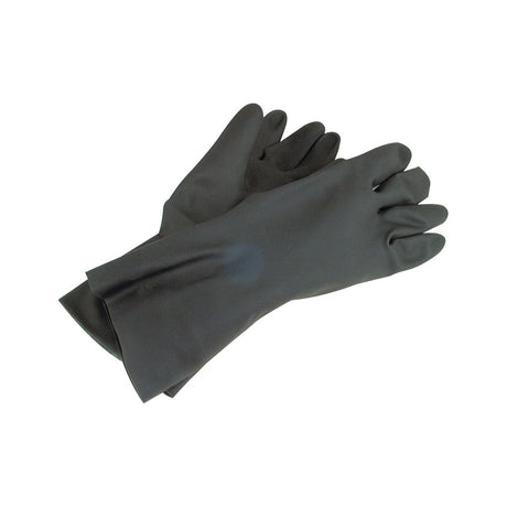 A pair of Industrial Black Gloves - 10/XL - S.52974 by Sparex, chemical resistant, laid flat and overlapping each other.