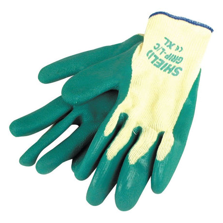 A pair of green and white latex gloves branded with "Sparex" and labeled "Latex Gloves - 10/XL | Sparex Part No.S.52983" on the back.