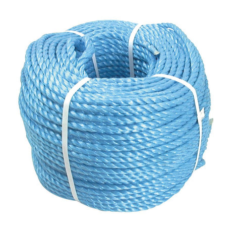 The Sparex Polypropylene Rope, Ø10mm and 220m (700ft) in length - S.52987, is a coiled blue rope secured with white plastic ties and designed to meet Sparex standards for safe working load.