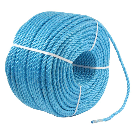 A 220m (700ft) blue polypropylene rope with a 12mm diameter, expertly crafted by Sparex under product code S.53024, is securely coiled with white ties, featuring one loose end extending outward for a reliable and safe working load.