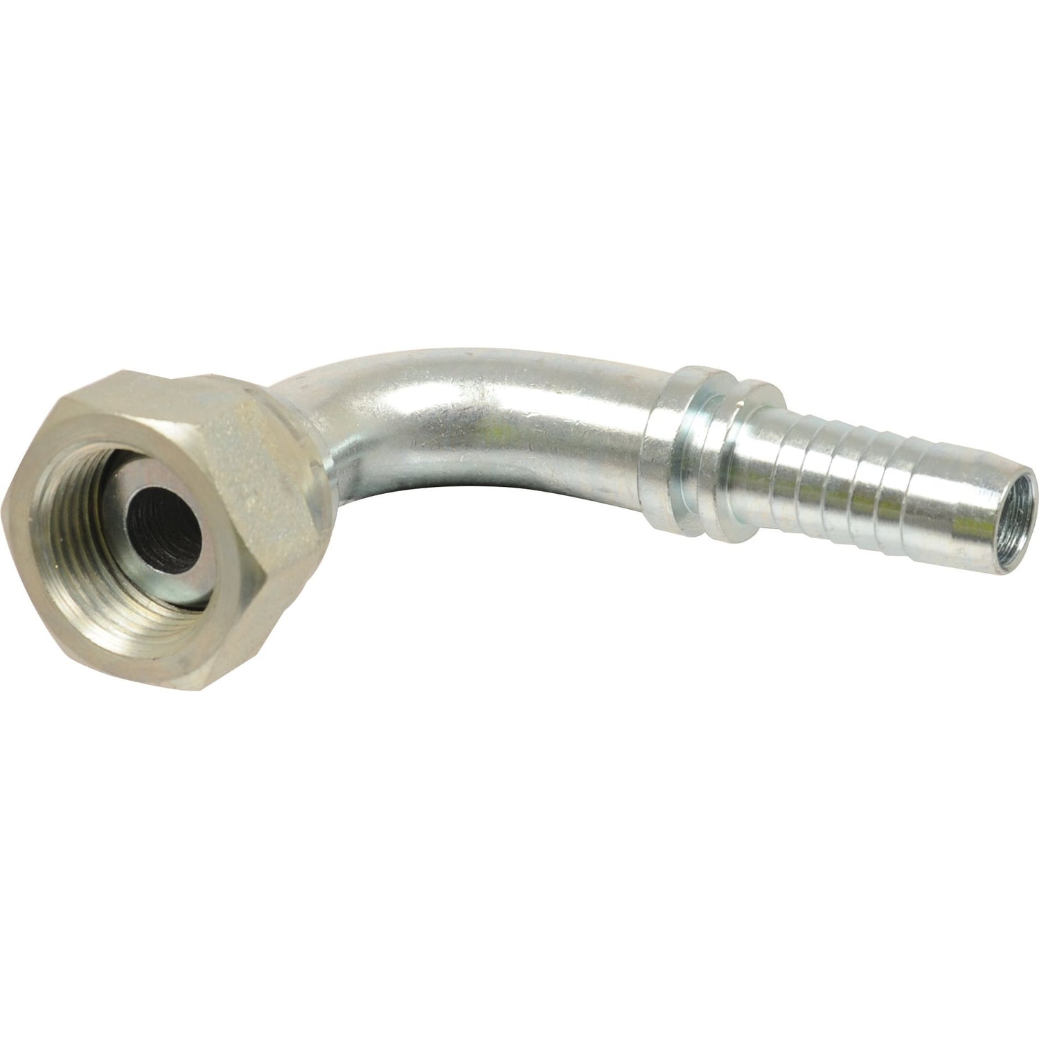 The Sparex Dicsa BSP 60° Hose Insert, part number S.53066, is a metal 90-degree hose barb fitting that features a 1/2'' x 1/2'' female thread and ribbed hose connection, along with a 90° swept swivel for versatile applications.