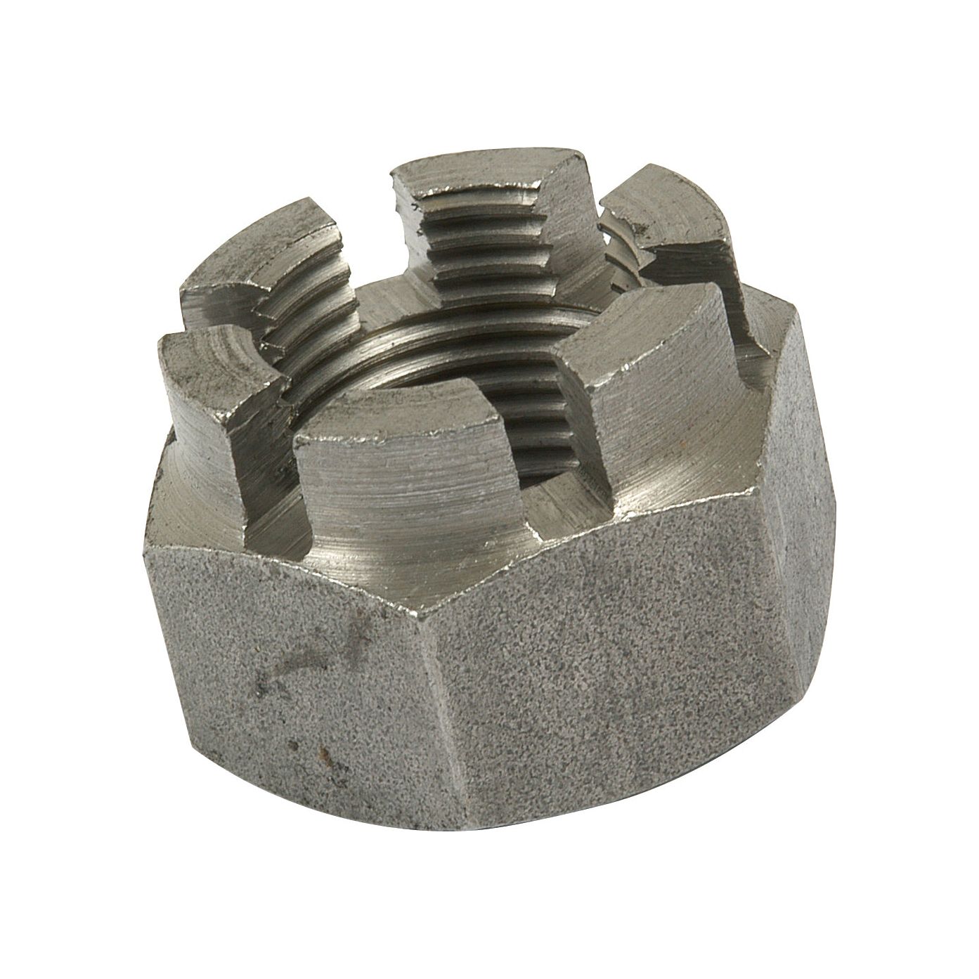 The Sparex Imperial Castle Nut, sized at 7/8'' UNF (DIN 935), boasts a tensile strength of 8.8 and is zinc-plated for durability. This hexagonal slotted nut, identified by Sparex Part No. S.5308, is meticulously crafted from metal and features multiple vertical slots for cotter pin insertion, making it ideal for securely fastening wheels on vehicles.