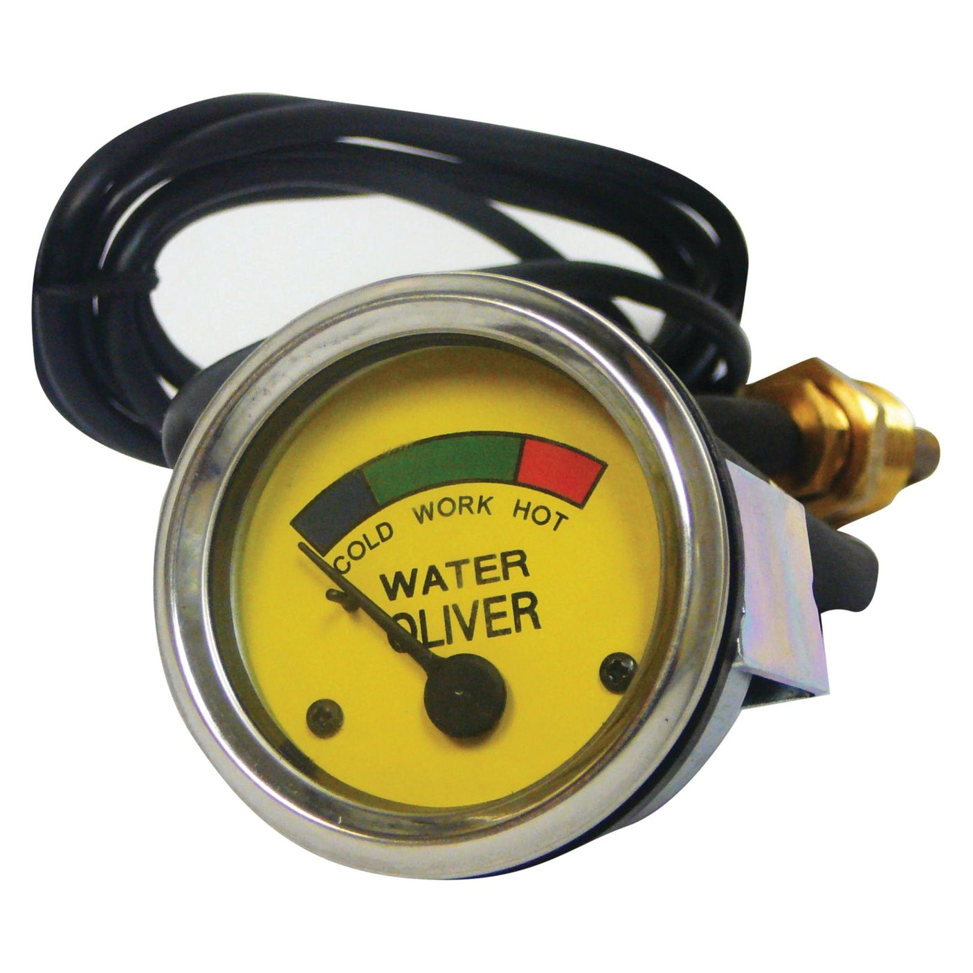 The Sparex Water Temperature Gauge (Sparex Part No. S.53144) features a yellow face with zones marked in green for "work" and red for "hot." A needle points to "cold," and a black cable extends from the back, making it compatible with White Oliver models.