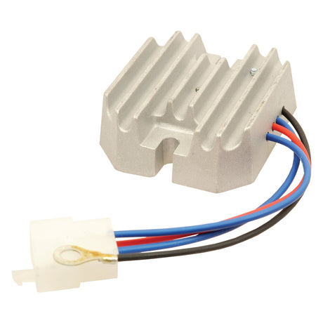 The Voltage Regulator | Sparex Part No.S.53168 by Sparex, designed with a finned heat sink and attached wires culminating in a white plastic connector, is ideal for Yanmar YM1401 tractors.