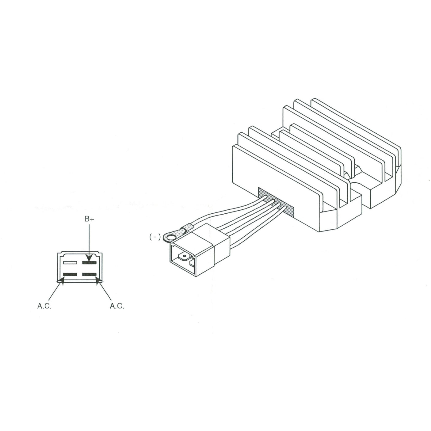 Diagram of a rectifier with heat sink and wiring connections, featuring the Sparex Voltage Regulator (Sparex Part No.S.53168). The AC input and B+ output are labeled on the left.