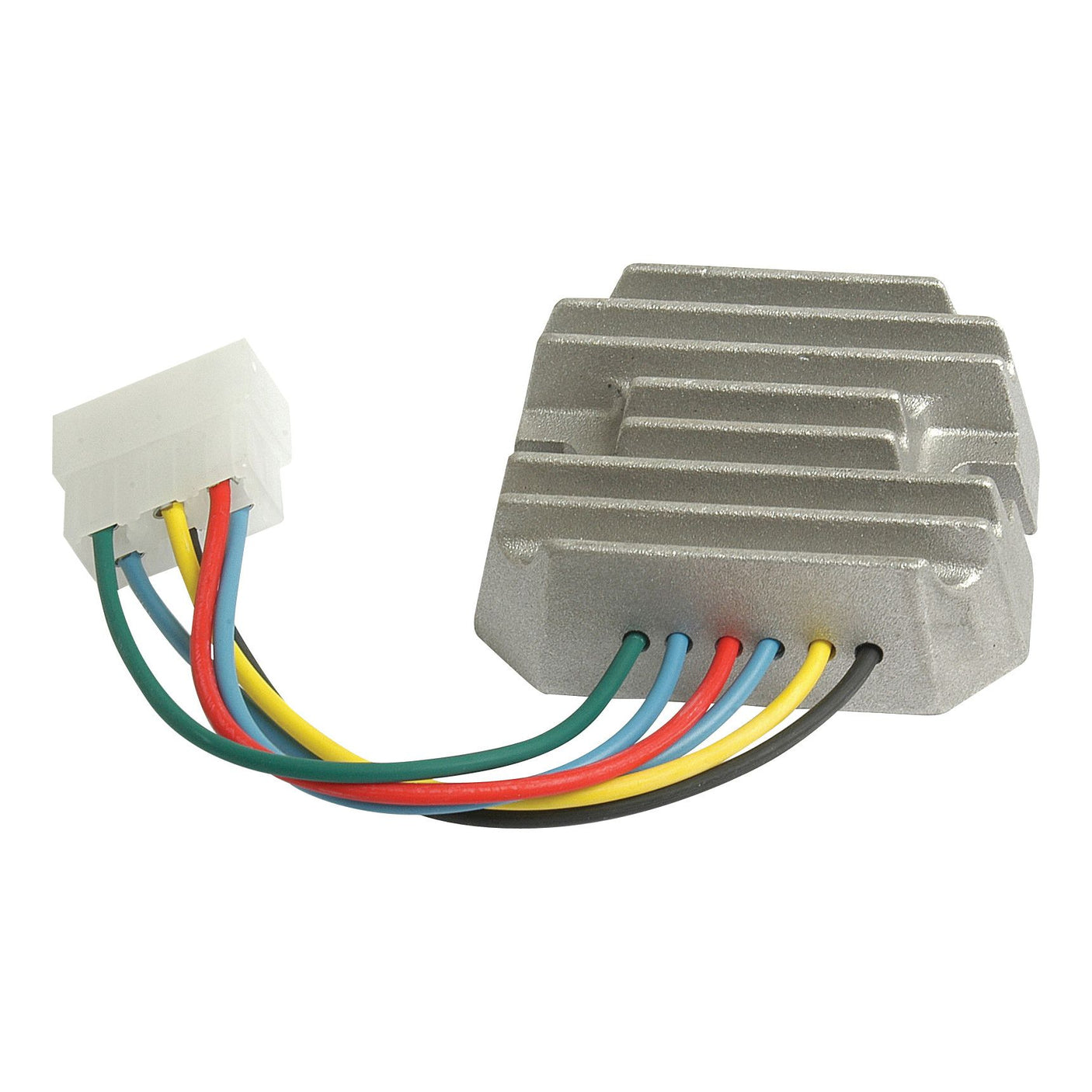 This is the Sparex Voltage Regulator, Part No. S.53169, featuring five colored wires (red, yellow, green, blue, and black) ending in a white connector. It is commonly utilized in machinery such as the John Deere 650 or Kubota B7200 for voltage regulation.