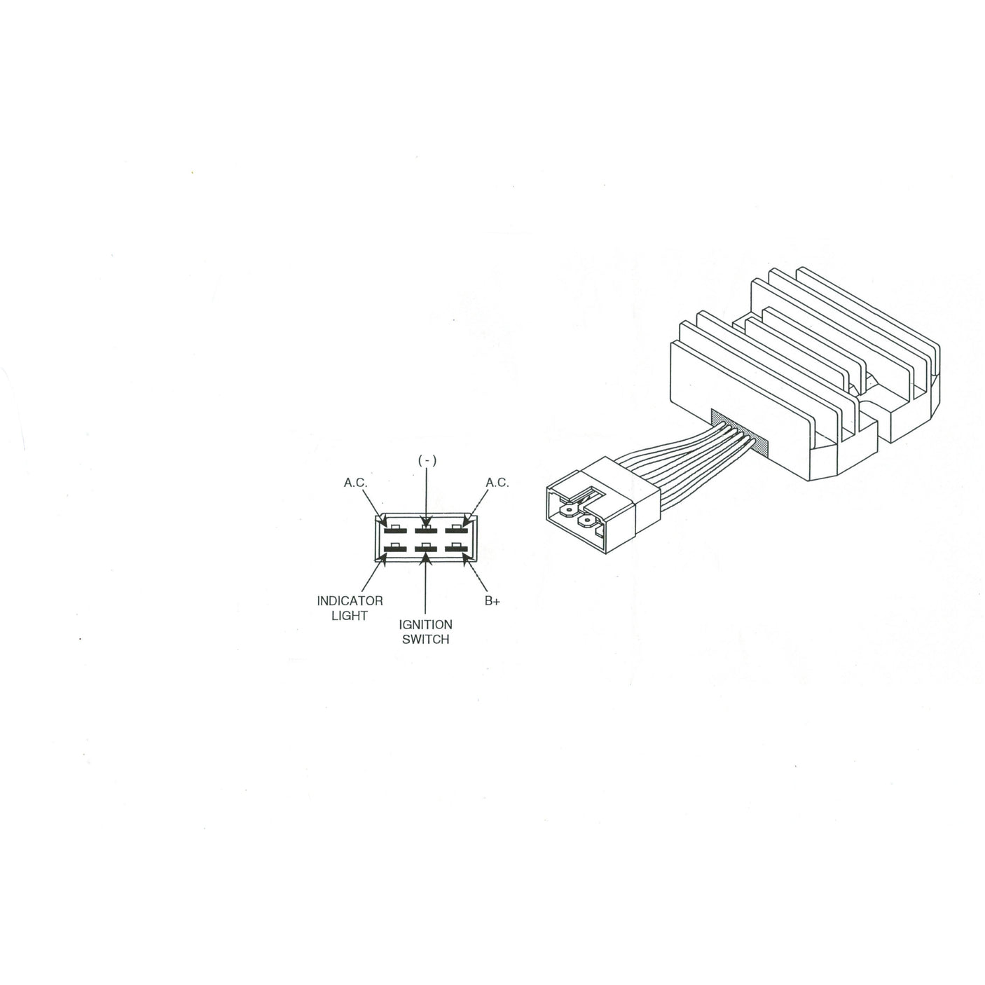 Technical diagram displaying the components and connections for a Sparex Voltage Regulator (Part No. S.53169), including an indicator light, ignition switch, and AC/B+ terminals, designed for applications like the Kubota B7200 tractor.