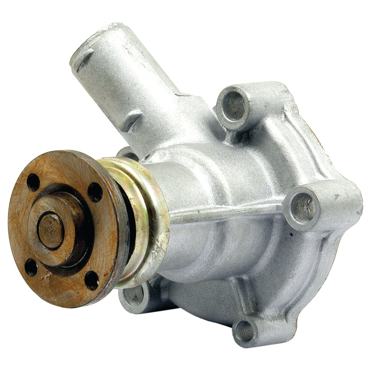 The Sparex Water Pump Assembly (Part No. S.53172) is a metallic component designed for automotive engines, featuring a cylindrical inlet and outlet, mounting holes, and an attached round pulley with a rusty appearance.