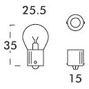 Diagram of a Sparex Light Bulb (Halogen) P21/5W showing dimensions: height 35mm, widest diameter 25.5mm, and base width 15mm. Includes frontal, side, and top-down views.