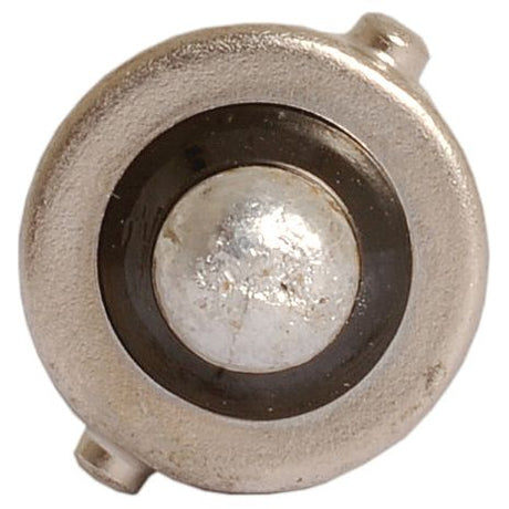 Metallic round object resembling the Sparex Light Bulb (Halogen) T4W, 12V, 4W, BA9s (Sparex Part No. S.53265), with a central protrusion and three surrounding notches.