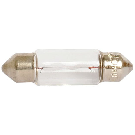 A cylindrical glass fuse with metal caps on both ends, similar to a Sparex Light Bulb (Halogen) C5W, 12V, 5W, SV8.5-8 (Box 1 pc.) | Sparex Part No.S.53272, viewed from the side against a white background.