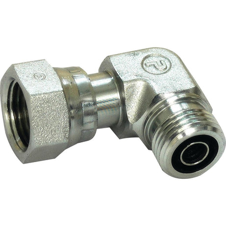 The Hydraulic Adaptor ORFS 11/16''UNF male x ORFS 11/16''UNF 90° compact female by Sparex (Part No. S.53288) is a forged elbow with a hexagonal end and threaded connector, ideal for ORFS hydraulic applications.