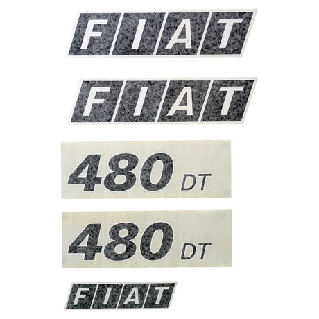 Image showing two types of decals. The first set features "FIAT" in large black letters on a white background. The second set includes "480 DT" and a Fiatagri 480DT Decal Set in bold black letters on a white background, known as the Sparex Decal Set - Fiatagri 480DT (Sparex Part No.S.53357).