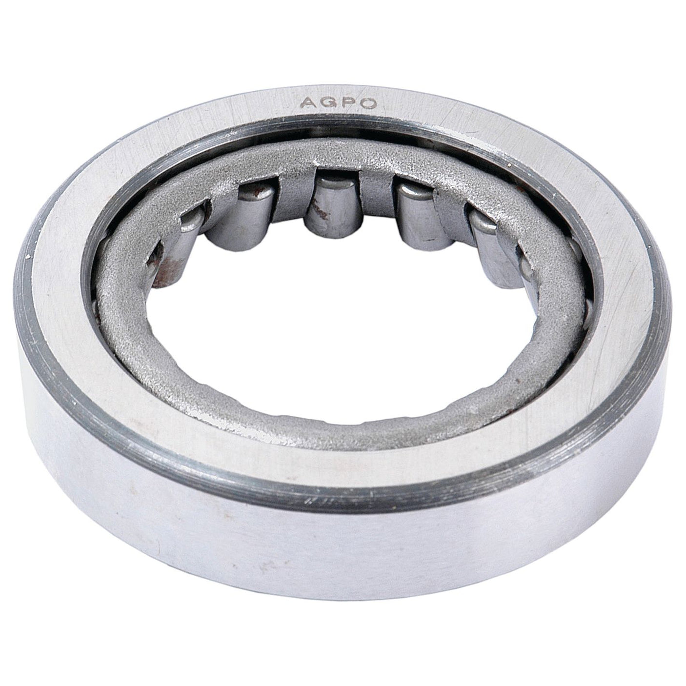 Image of a Sparex bearing with the letters "AGPO" engraved on the outer ring. The Bearing | Sparex Part No.S.53406 features cylindrical rollers arranged around its inner ring, making it ideal for use in a Fiat 415 steering shaft.