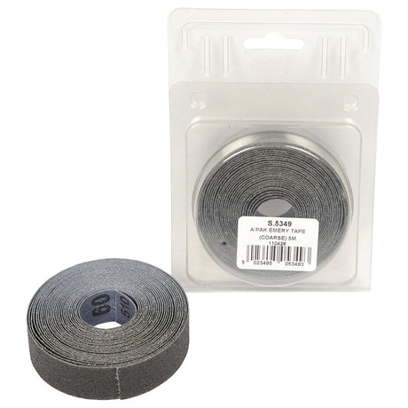 Two rolls of emery tape, one packaged and one unpackaged, displayed on a white background. The packaged roll, labeled with "Emery Cloth Roll P40, Coarse - S.5349" by Sparex, showcases its high-quality aluminium oxide composition used extensively in the automotive industry.