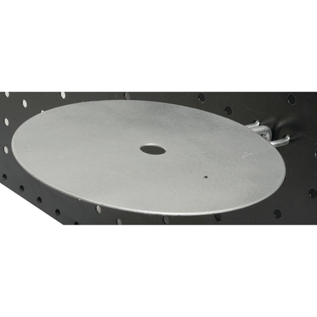 A Sparex circular metal shelf, the DISPLAY PLATE-145MM OD, with a diameter of 145mm (Sparex Part No. S.53576), is attached to a perforated metal panel with hooks.