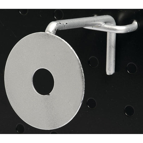 A Sparex ROUND 50MM metal disc with a central hole (Sparex Part No.S.53582) is attached to a hook on a perforated black display plate.