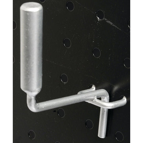 The image shows a metal hook inserted into a black pegboard with circular holes, highlighting the versatility of the Sparex DISPLAY-BRACKET MIRROR 12MM OD (Sparex Part No.S.53584) for organization.