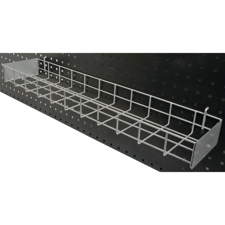 The Sparex DISPLAY-STAND BASKET (Part No. S.53587) is a durable metal wire shelf with multiple compartments designed to be mounted on a perforated black pegboard, perfect for organizing tools and accessories in any workspace.