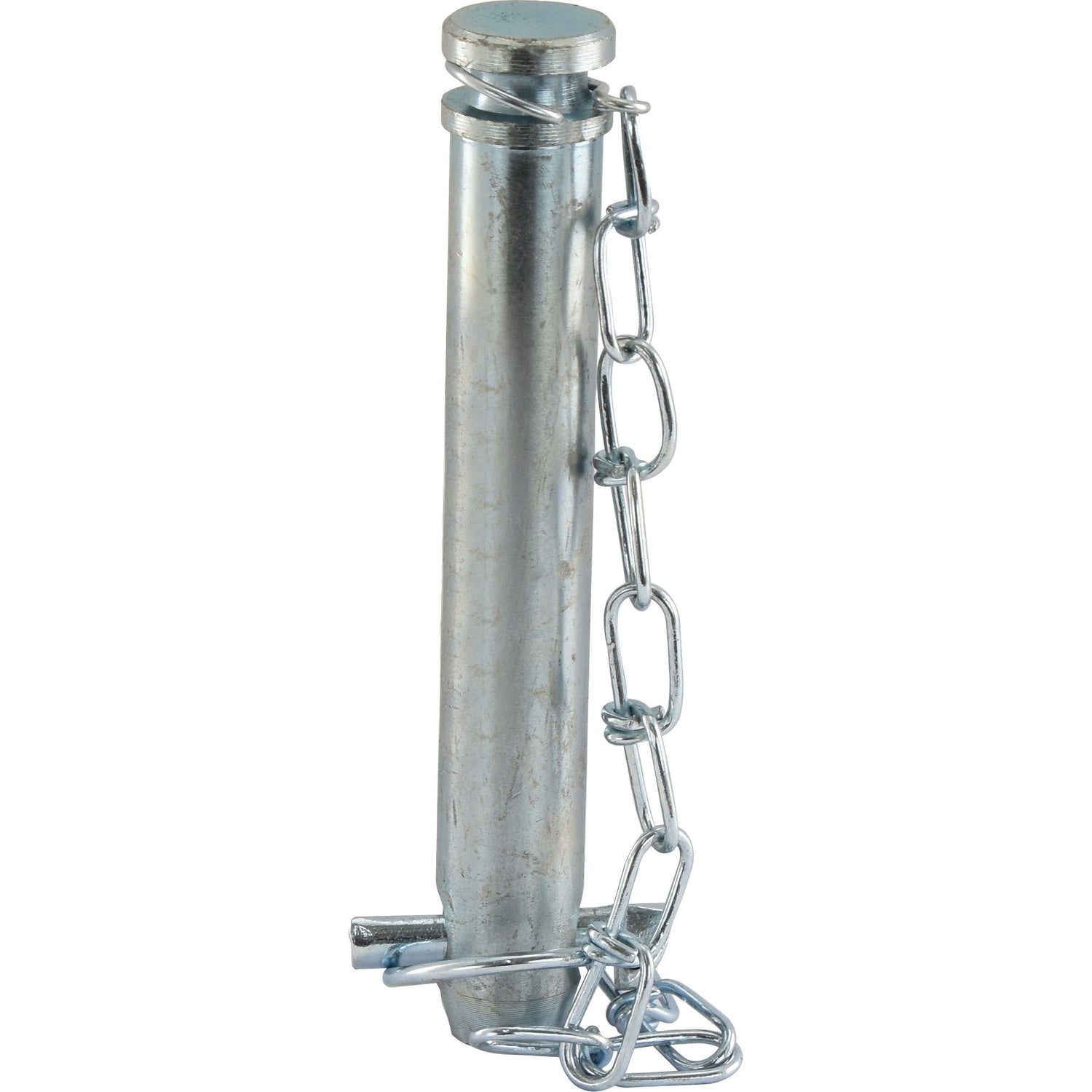 A metal hitch pin with a retaining chain attached, specifically the Sparex Top Link Pin & Chain 25x142mm Cat. 2 | Sparex Part No.S.5361, featuring an overall length of 180mm.