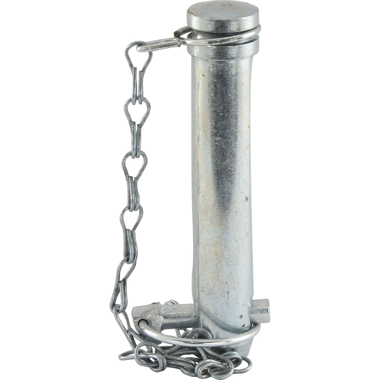 The Sparex Top Link Pin & Chain 25x110mm Cat. 2, identified as Sparex Part No. S.5362, is a metallic cylindrical pin with a round top connected to a short chain, providing an overall length that ensures secure attachment.