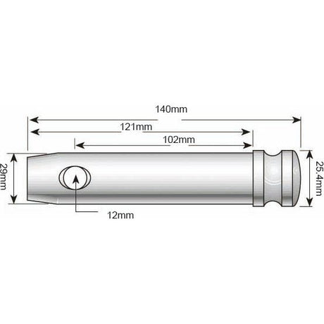 A technical drawing of the Sparex Top Link Pin & Chain (Part No. S.5364) depicts a cylindrical object featuring a 140mm length, 29mm diameter, and a Pin Ø 25mm at one end, with marked sections indicating working lengths of 102mm, and distances of 121mm and 12mm.