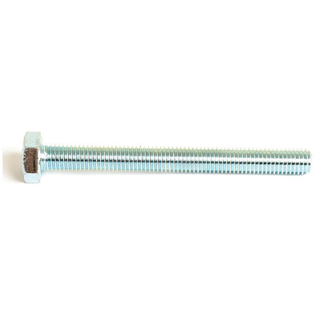 A Sparex Metric Setscrew, M10x100mm, with a tensile strength of 8.8 and adhering to DIN 933 standards, featuring a zinc-plated hex head and threaded body, is shown against a white background (Sparex Part No. S.53718).