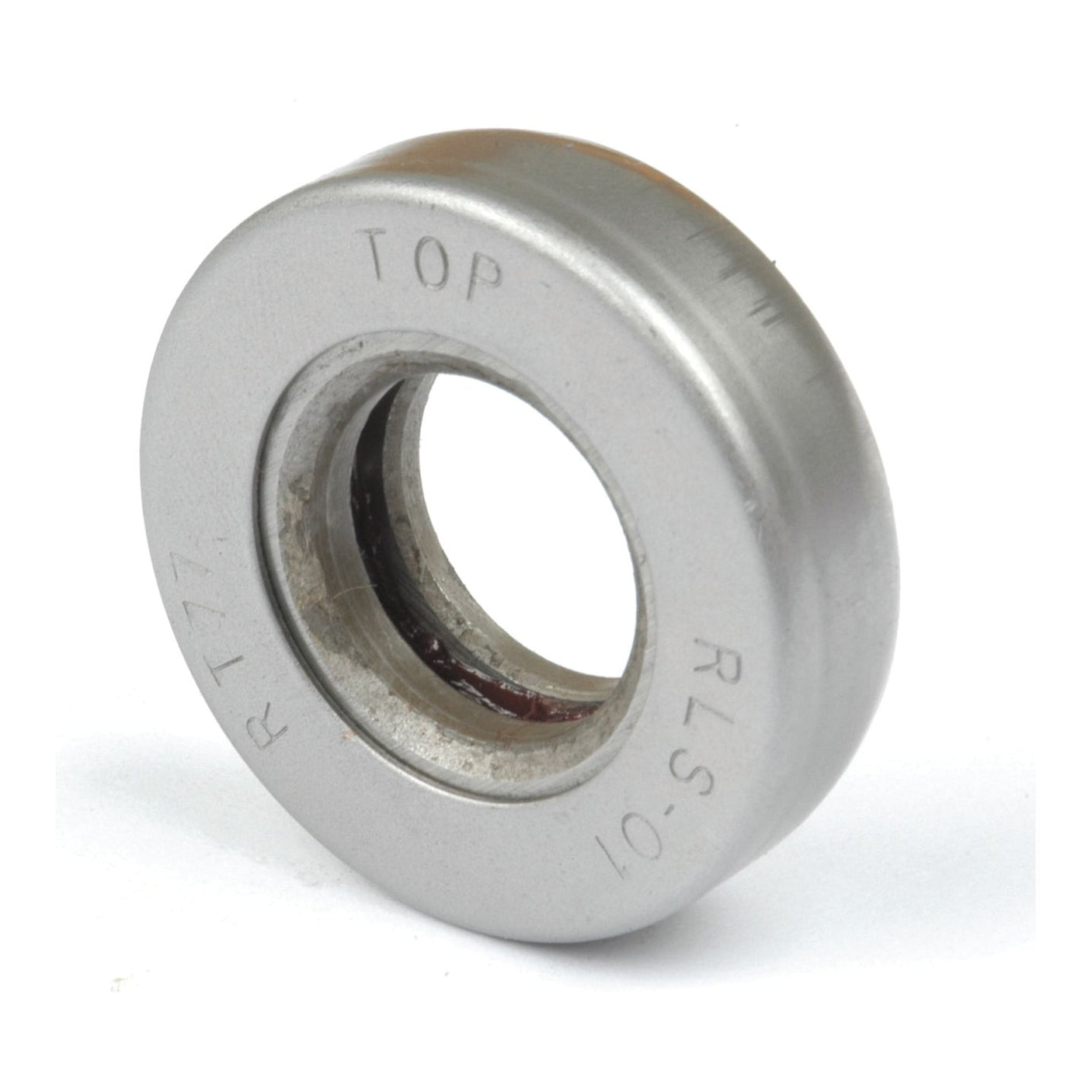 A Levelling Box Bearing by Sparex (Sparex Part No.S.537) features a round, silver metal construction with "TOP" and "RT77" engraved on its flat surface and an open circular center. Designed to be suitable for Ford/New Holland, it has an outer diameter (OD) of 41.6mm and an inner diameter (ID) of 19.5mm.